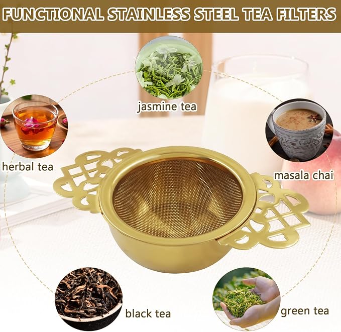 2 Pack Fine Mesh Tea Strainers with Drip Bowls, Stainless Steel Loose Leaf Tea Filter, Double Wing Handles for Mugs & Cups 2.5-4 Inch Mouth, Gold