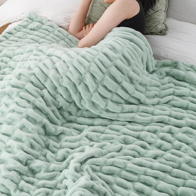BATTILO Super Soft Faux Fur Throw Blanket for Couch, 60"x80", Sage Green | Sage GreenThrow Blanket, Double Side Cozy Warm Soft Minky Bubble Blanket For Bed, Sofa Living Room