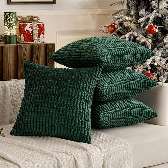 MIULEE Pack of 4 Christmas Corduroy Throw Pillow Covers 18x18 Dark Green | Neutral Rustic Farmhouse Boho Soft Striped Pillow Covers,Home Decor for Sofa,Living Room,Couch,Bed