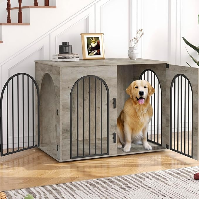 Hzuaneri 44.1'' Dog Crate Furniture,Dog Kennel Indoor for Medium/Large Dogs | Dog Kennel Furniture Wooden Dog Cage Heavy Duty Dog Crate Decorative Pet House End Side Table TV Stand,Greige Black DFC83905B