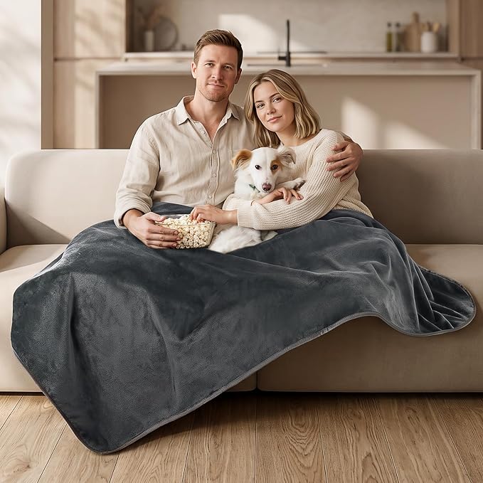 Waterproof Blanket for Queen Bed, Couch, and Sofa, 80"x90", Grey | Reversible Soft Flannel Throw, Furniture Protector, Spill-Proof, for Family, Dog, Cat, Camping, Travel, Noise Free