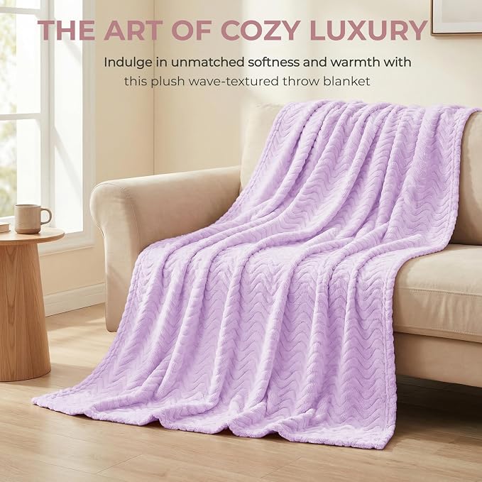 Exclusivo Mezcla Soft Fleece Blanket King Size for Bed, Sofa, Lilac Purple | 90"x104" Breathable Lightweight Flannel Blanket for Summer, Plush Cozy Jacquard Wave for Home Decor