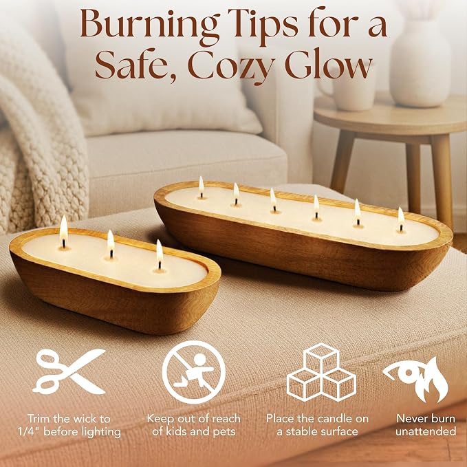 Dough Bowl Candle Co. Cherry Blossom and Citrus Soy Candle - 3 Wick Rustic Farmhouse Decor Odor Eliminator in Wooden Bowls, 20 Ounce Wooden Dough Bowl Candle, All-Natural Gifts for Women and Men