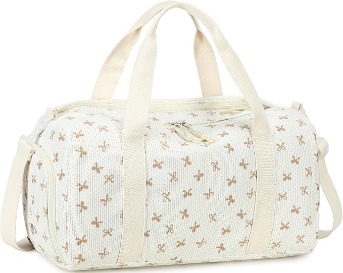 Gym Bag Sports Duffle Bag with Wet Pocket Weekender Overnight Bags with Waterproof Shoe Pouch and Air Hole for Girls Kids Women Workout Travel Bags (Brown Bow - Beige)