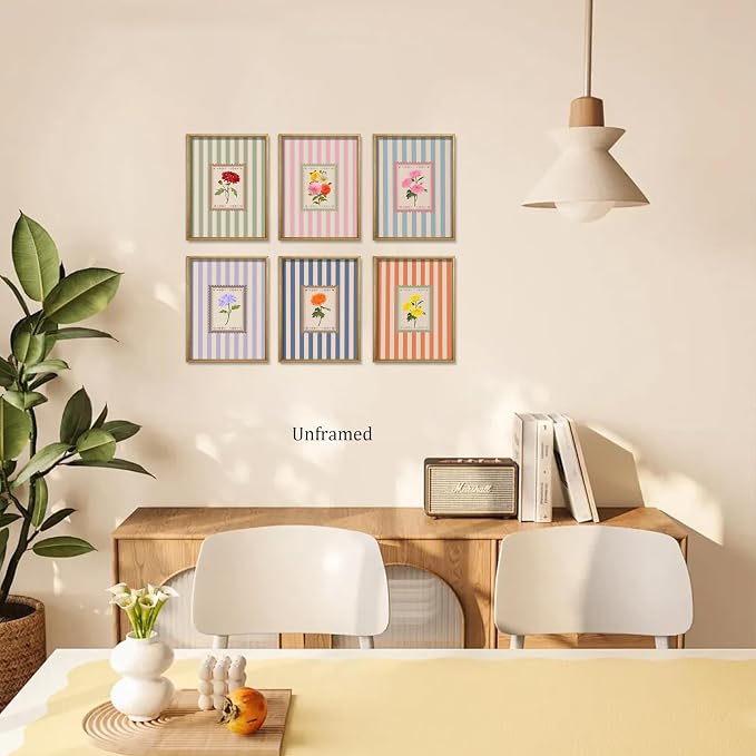 Vintage Floral Posters Wall Art Set of 6, Coquette Cute Stripe Botanical Stamp Canvas Wall Decor Painting, Colorful Flower Artwork Posters Prints for Bedroom Girls Room Dorm 12x16 Inch Unframed