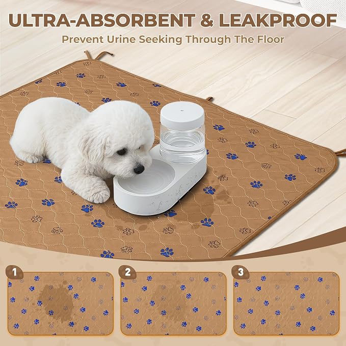 Fostanfly Washable Pee Pads for Dogs, Leak-Proof, 36"x72"-2 Pack, Brown | Ultra-Absorbent, Waterproof, Non-Slip, Large Reusable Pee Pads for Puppy Potty Training, Crate and Playpen with 8 Tie Straps