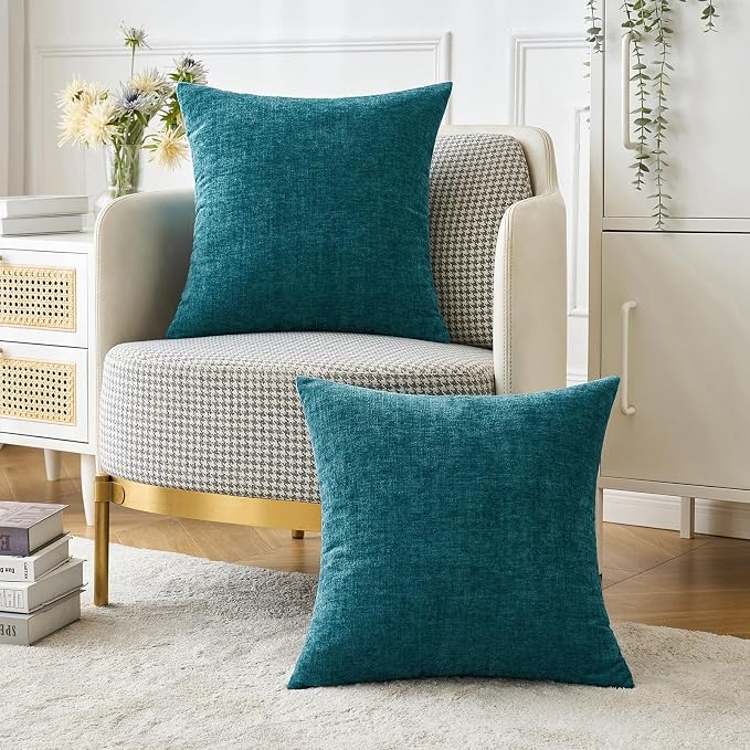 MIULEE Soft Chenille Throw Pillow Covers Dark Teal 16x16 Inch Pack of 2 | Modern Coastal Home Decor, Classic Decorative Pillows, Solid Dyed Cases, Boho Couch Cushion Covers for Sofa Bed Living Room