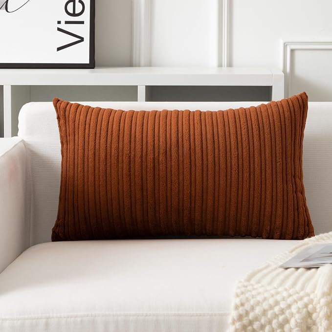 UGASA Velvet Lumbar Throw Pillow Cover, Both Sides Corduroy Striped Soft Solid Decorative Rectangular Cushion Case for Couch/Bedroom/Car, 1 Piece, 12x20 Inch, Brown