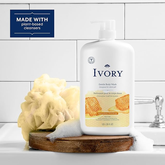 Ivory Body Wash Gentle, Free of dyes, parabens, and phthalates, Honey Scent, 35 oz (Pack of 4)