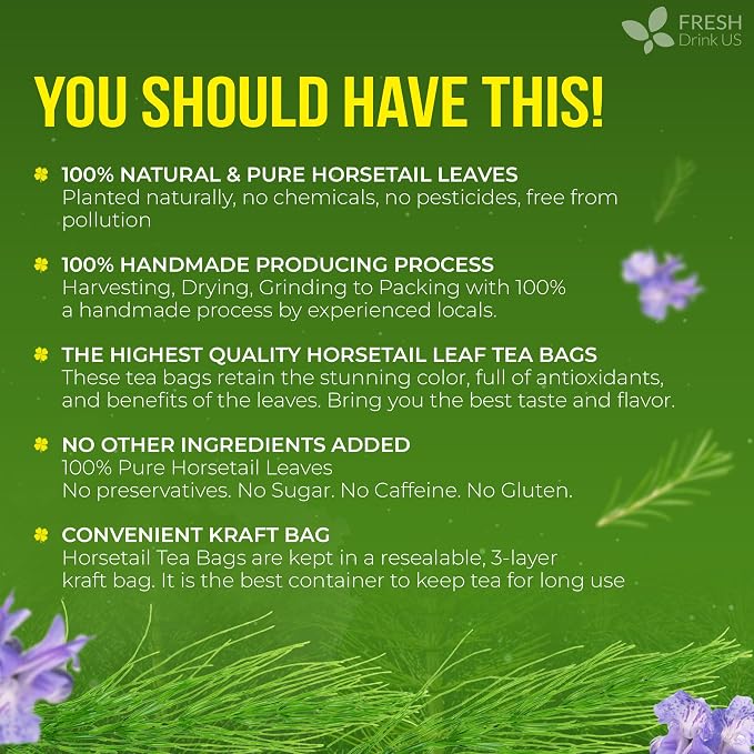 FreshDrinkUS, Premium 55 Horsetail Leaf Tea Bags, 100% Natural & Pure from Horsetail Loose Leaves Herbal Tea. Made with Natural Material Tea Bags. No Sugar, No Caffeine, No Gluten, Vegan.