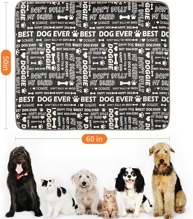 Washable Waterproof Dog Blankets for Large Dogs 50"x60" Grey | Soft Fluffy Pet Blanket for Couch Sofa Car Crate Bed Protector, Reversible Sherpa Fleece Dog Blanket, Letter Pattern