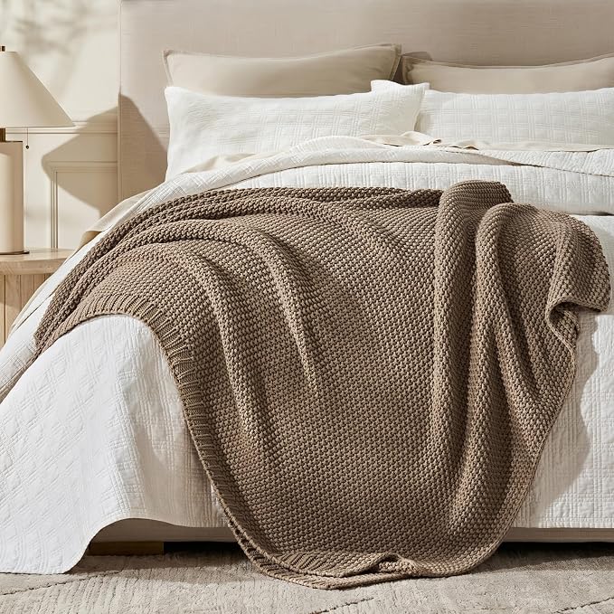 Organic Cotton Chunky Knit Throw Blanket, 50 x 60 Stone Taupe | OCS Certified Organic Cotton, Seed Stitch Knit, Soft & Breathable, Cozy Midweight, Decorative Throw for Couch, Bed & Sofa