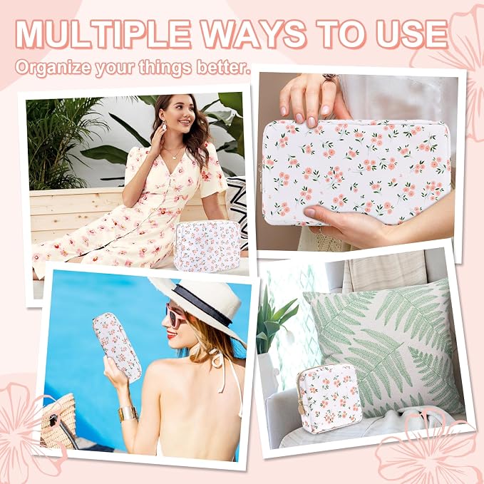 UIXIZQ Waterproof Large Floral Makeup Pouch,Nylon Travel Toiletry Storage Purse Preppy Cosmetic Bag for Women Girl,Large Capacity Makeup Organizer Zipper Pouch for Work(L White-Flowers)