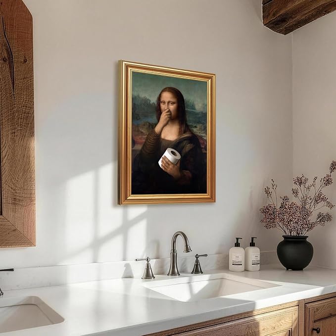 ICHZUMW Gold Framed Funny Mona Lisa Toilet Paper Canvas Wall Art, 12x16 In | Quirky Humorous Parody Painting Bathroom Wall Decor, Restroom Powder Room Guest Toilet, Fade Resistant, Ready to Hang