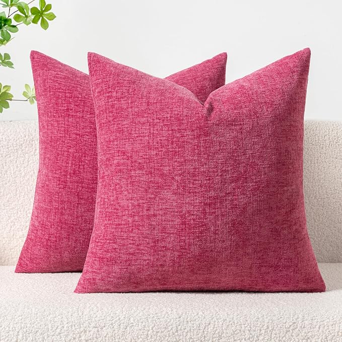MIULEE Soft Chenille Throw Pillow Covers Hot Pink 18x18 Inch Pack of 2 | Modern Home Decor, Classic Decorative Pillows, Solid Dyed Cases, Boho Couch Cushion Covers for Sofa Bed Living Room