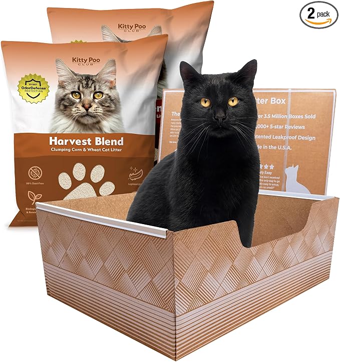 Kitty Poo Club Disposable Cat Litter Box 2-Pack with Corn & Wheat Litter | Plant-Based Clumping Formula Helps Neutralize Ammonia Odor, Scoops Cleanly, Feels Soft on Paws, and Fits Multi-Cat Households