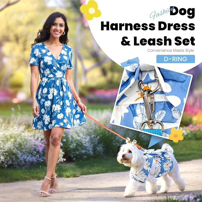 ABRRLO Cute Dog Dress Small Dog Clothes for Girls Female Puppy Outfits Blue Daisy Pet Summer Clothes Bowknot Doggy Cat Princess Dress Harness Set for Holiday Birthday Party Costume Clothing(Blue,XS)