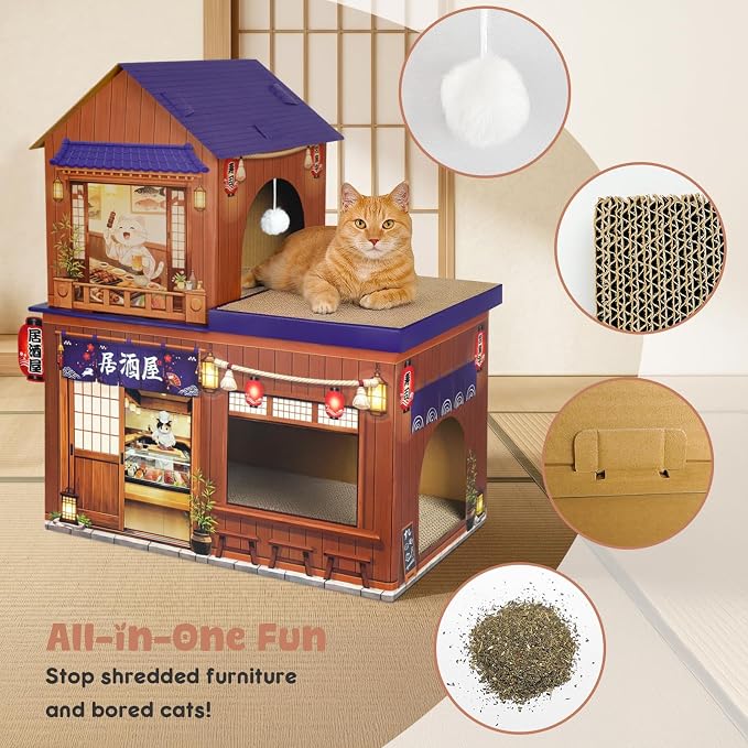 Cardboard Cat Houses for Indoor Cats Kitten Scratcher Houses Izakaya Themed | Cat Condos Hut Hideout Play House Bed with Scratching Pads, Scratch Box for Large Kitty Rabbit Bunny Small Animals
