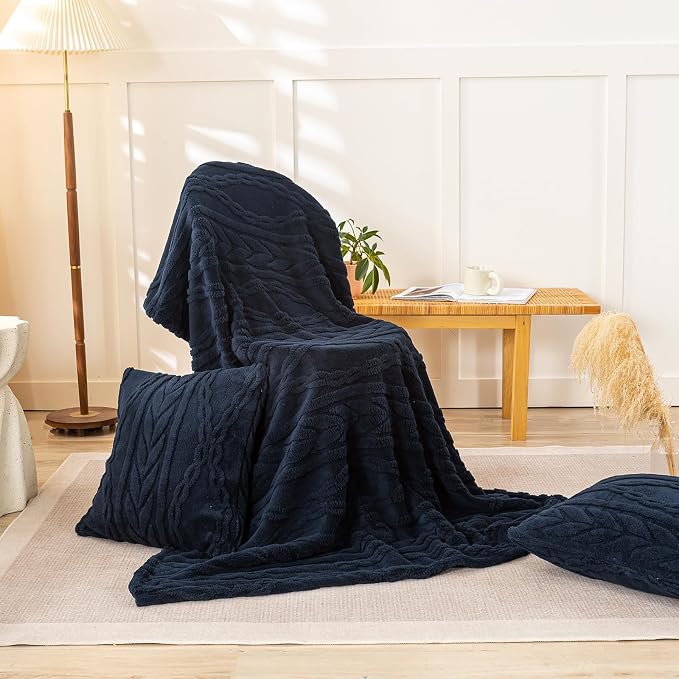 YUSOKI Sherpa Fleece Large Throw Blanket, Navy Blue, 50"x65" | 3D Stylish Design,320GSM, Non-Shedding, Lightweight for All Season Use, stays fluffy after repeated washes, Perfect Gifts