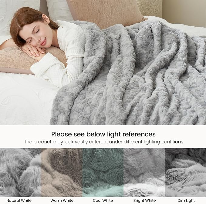 Cozy Bliss Faux Fur Throw Blanket for Couch, Fuzzy Soft Plush Thick Warm Fluffy Reversible Wave Textured Blanket for Sofa Bedroom Living Room, 55 * 70 Inches Grey (Pack of 2)