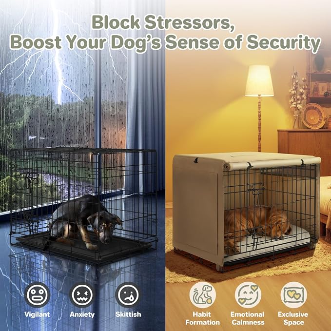 Seiyierr Dog Crate Cover - Kennel Cover Fit for 36 Inch Dog Crate, Double Door Polyester Crate Cover for Wire Dog Crate Indoor Outdoor Protection, Beige