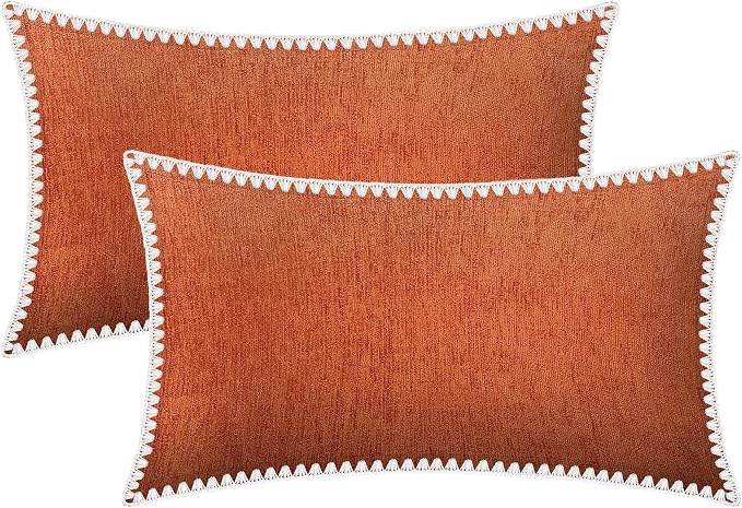 BRAWARM Chenille Throw Pillow Covers 12x20 Inches, Burnt Orange, 2 Pack | Decorative Pillow Covers with Shell Edge, Soft Cushion Cases for Sofa Bed Living Room Home Farmhouse (No Insert)