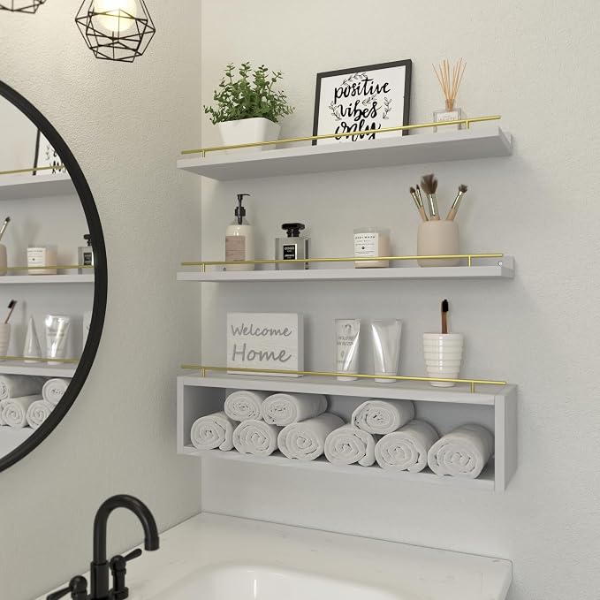 Floating Shelves for Wall 24 inch with Cube Shelf, Wall Shelves with Metal Rail for Decor, Bathroom Organizers and Storage, Over Toilet Shelves for Bathroom, Toilet Paper-White&Gold
