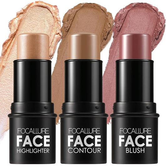 FOCALLURE 3PCS Cream Contour Stick - Highlighter Bronzer Blush Set for Face Sculpting, Non-Greasy Longwear Makeup, Easy to Blend with Natural Matte Finish,SET 6