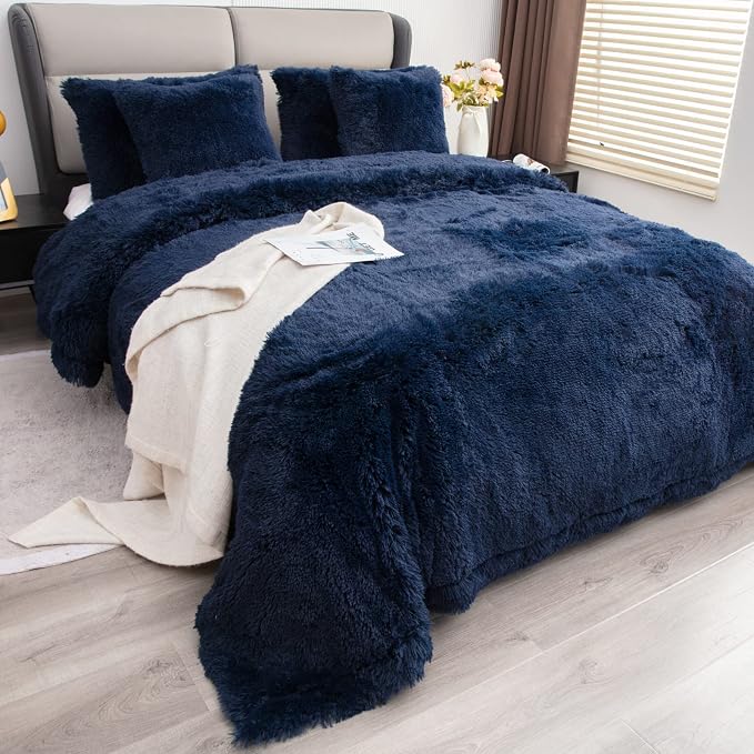 YUSOKI Long Faux Fur King Size Blanket, Navy Blue, 90" x 104" | Ultra Soft, Lightweight for All Season Use, stays fluffy after repeated washes, Perfect Gifts, Machine Washable