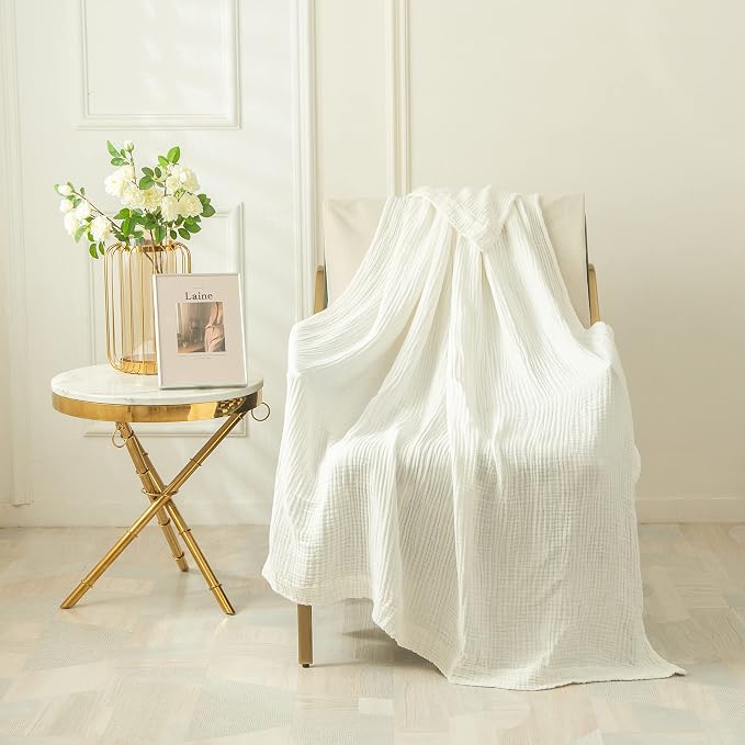 EMME Cotton Muslin Queen Blanket Bed Layering Bedspread Coverlet Breathable Gauze Soft Lightweight Adults (White,90"x90") | Summer Throw Blankets for Bed Breathable Gauze Blanket All Year Round Soft & Lightweight Pre-Washed Cotton Blanket Duvet