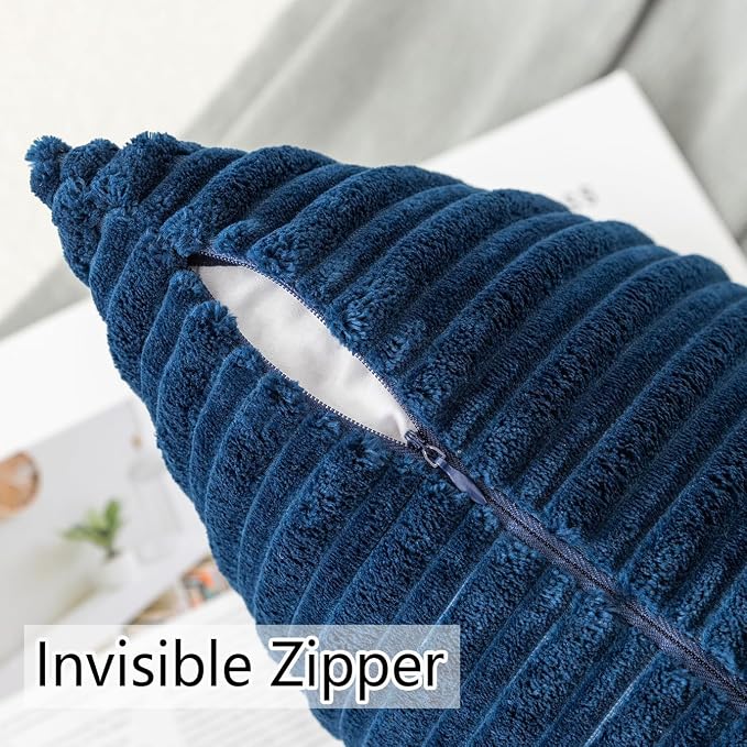 UGASA 14x24 Inch Pillow Cover Pack of 1 Soft Boho Stripe Corduroy Long Rectangle Lumbar Cushion Case Farmhouse Decorative Throw Pilowcase for Bed, Couch, Sofa, Bedroom, Living Room, Navy Blue