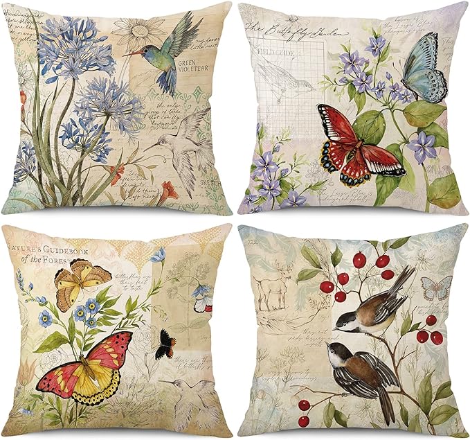 wyooxoo Farmhouse Pillow Covers 16x16 Set of 4 Spring Summer Throw Pillow Covers Linen Flower Butterfly Bird Decorative Pillowcases for Sofa Couch Living Room Outdoor