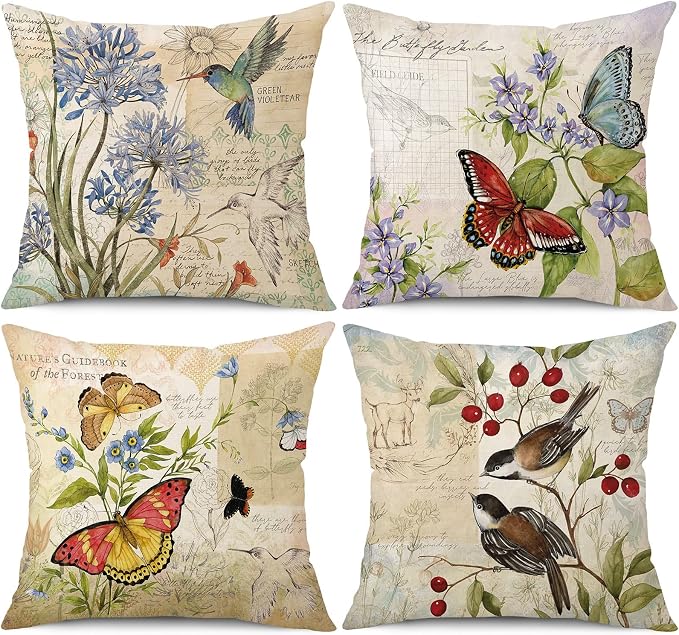 wyooxoo Farmhouse Pillow Covers 18x18 Set of 4 Spring Summer Throw Pillow Covers Linen Flower Butterfly Bird Decorative Pillowcases for Sofa Couch Living Room Outdoor