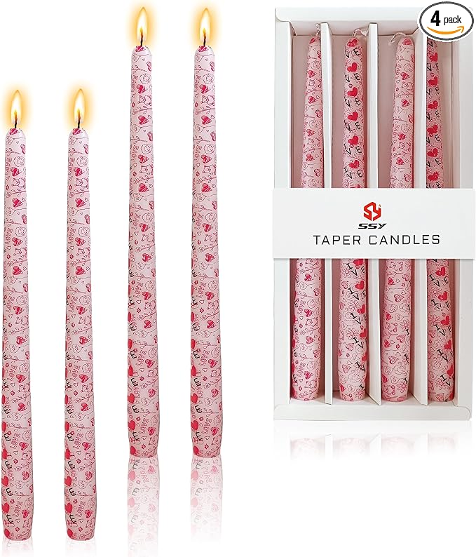 10 Inch Printed Candle Love Pattern Smokeless Unscented Candle Sticks Suitable for Anniversary Express Love Evening Wedding, Bohemian Seaside Theme Home Decor, 4 Pack