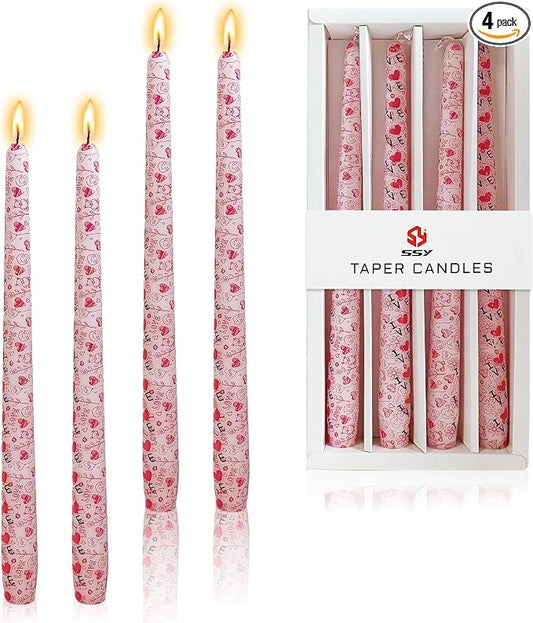 10 Inch Printed Candle Love Pattern Smokeless Unscented Candle Sticks Suitable for Anniversary Express Love Evening Wedding, Bohemian Seaside Theme Home Decor, 4 Pack