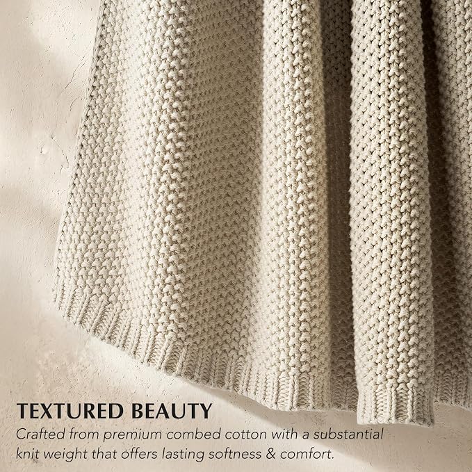 Organic Cotton Chunky Knit Throw Blanket, 60 x 80 Birch | OCS Certified Organic Cotton, Seed Stitch Knit, Soft & Breathable, Cozy Midweight, Decorative Throw for Couch, Bed & Sofa
