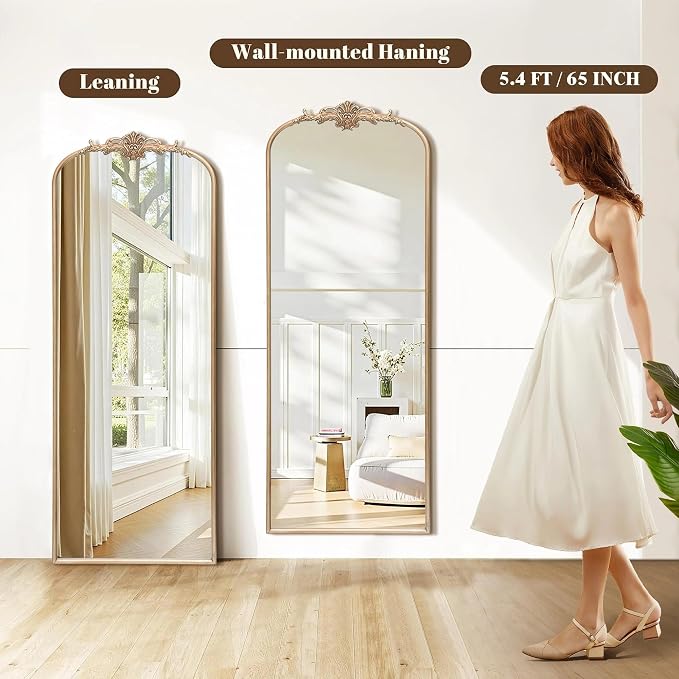 Besdomus Vintage Mirror Full Length: 21"x56" Champagne Arched Body Mirrors | French Floor Standing Metal Framed - Antique Baroque Traditional Ornate - Ideal for Foyer/Cloakroom/Bedroom/Dressing Room