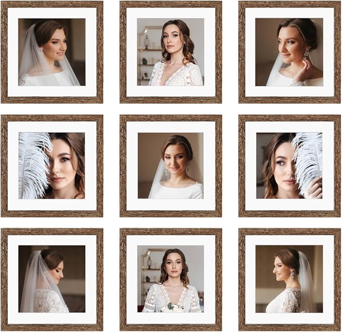 8x8 Picture Frame Set of 9, Display Pictures 4x4 with Mat or 8x8 without Mat, Multi Collage Gallery Square Photo Frames for Wall or Tabletop,Distressed Brown