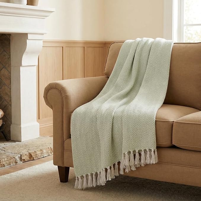 Americanflat 50x60 Throw Blanket - Soft and Breathable Cotton Throw Blanket for Couch, Bed, Chair - Decorative Blankets Perfect for Home or Outdoor Use - Light Green and White Herringbone Design
