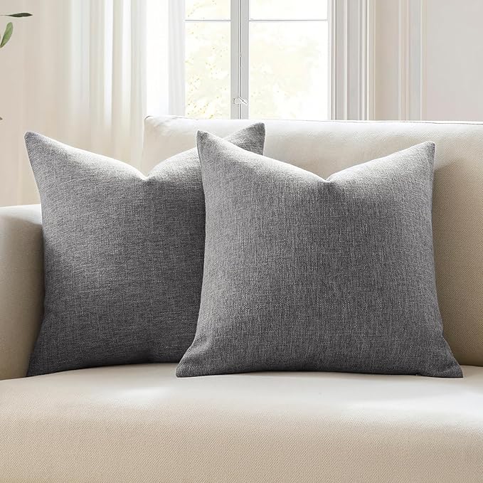 Meekio Set of 2 Charcoal Gray Throw Pillow Covers 22x22, Modern Farmhouse Linen Blend Decorative Pillow Covers for Couch Sofa Bed