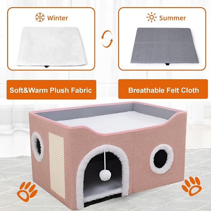 Loyareal Cat Houses for Indoor Cats - Large Cat Bed Cave with Scratch Pad and Fluffy Ball, Foldable Cat Condo Hideaway with Reversible Cushion for Multi Small Pet, Pink