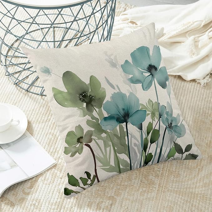 Spring Floral Pillow Covers 18x18 Inches Set of 2 Sage Green Teal Floral Throw Pillow Cover Outdoor Summer Flower Decoration Pillowcase Farmhouse Decorative Linen Cushion Cover for Couch Sofa