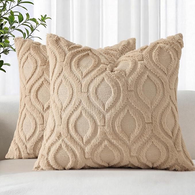 decorUhome Faux Fur Soft Light Khaki Throw Pillow Covers 20x20 Set of 2 | Plush Solid Fall Couch Pillow Covers, Accent Modern Farmhouse Neutral Decorative Square Pillow Cases for Sofa Bed Living Room
