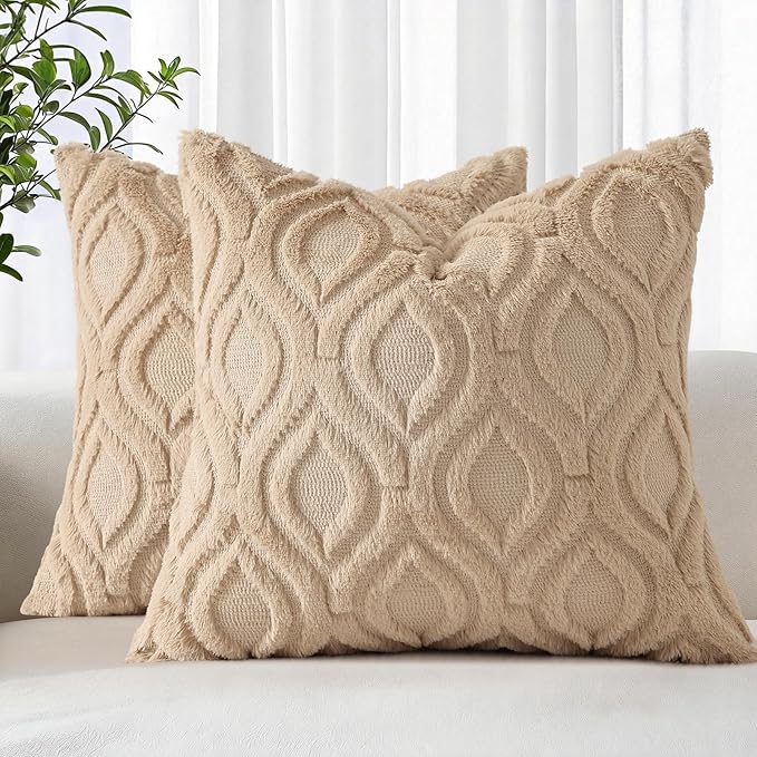 decorUhome Faux Fur Soft Light Khaki Throw Pillow Covers 18x18 Set of 2 | Plush Solid Fall Couch Pillow Covers, Accent Modern Farmhouse Neutral Decorative Square Pillow Cases for Sofa Bed Living Room