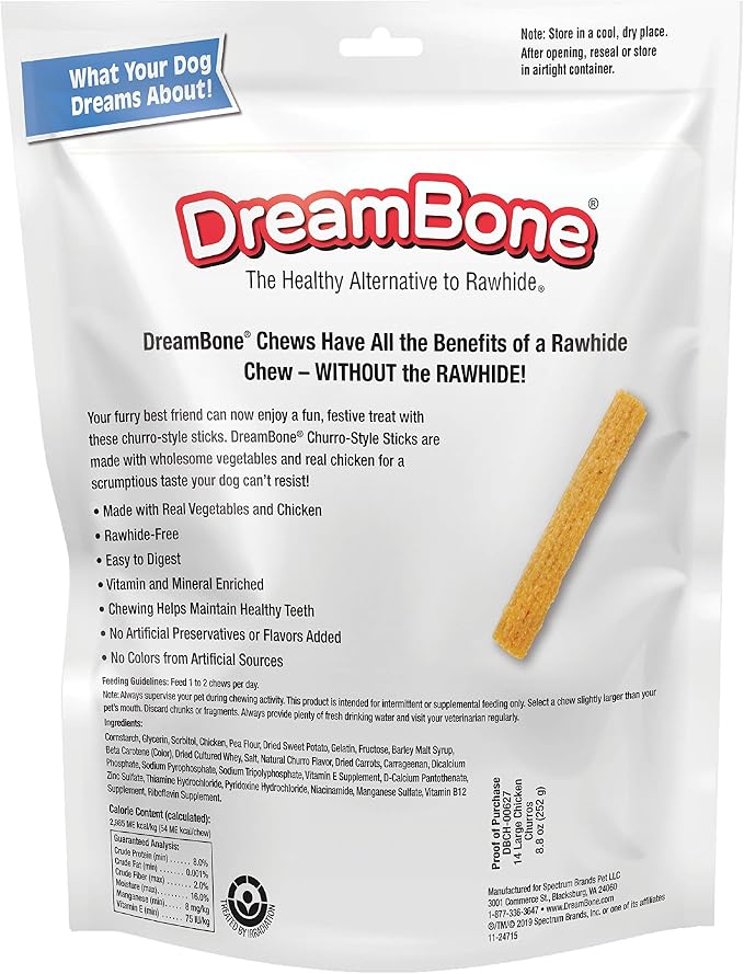 DreamBone Churro-Style Dog Sticks, Treat Your Dog to a Chew Made with Real Chicken 14 Count (Pack of 3)