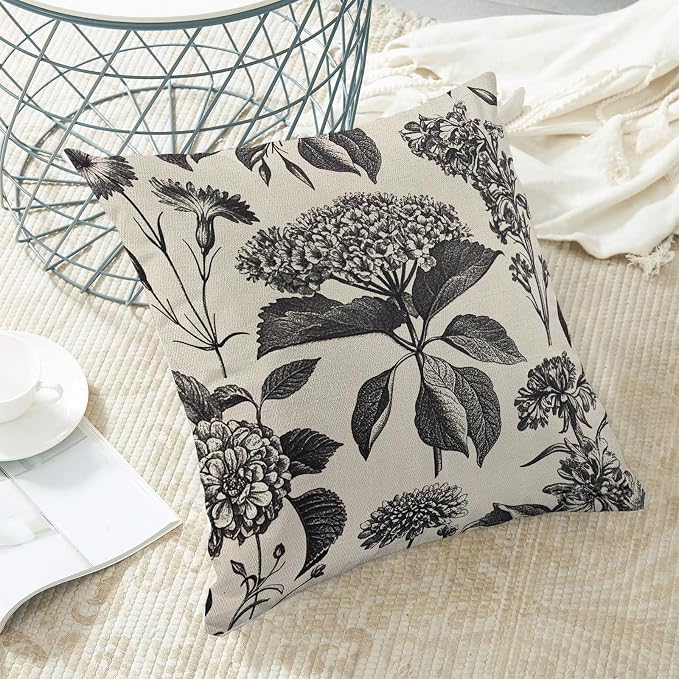 Floral Pillow Covers 18x18 Set of 2 Vintage Black Hydrangea Herbs Botanical Throw Pillow Cover Outdoor Decoration Boho Flower Pillowcase Farmhouse Decorative Linen Cushion Case for Home Sofa