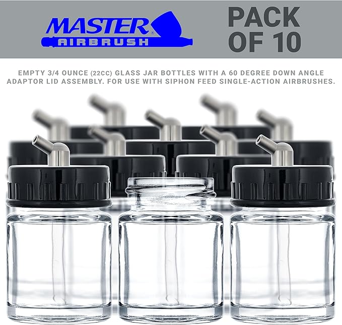 Master Airbrush (Pack of 10) TB-003 Empty 3/4 Ounce (22cc) Glass Jar Bottles with 60° Down Angle Adaptor Lid Assembly - Fits Single-Action Siphon Feed Airbrushes, Use with Master Badger Paasche, Iwata