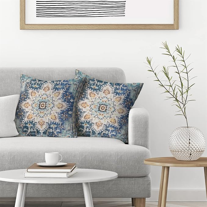 AEIOAE Boho Pillow Covers 20x20 Inch Set of 2,Carpet Pattern Throw Pillows Case,Blue Yellow Ethnic Design Outdoor Decorative Square Linen Farmhouse Decor Cushion Covers for Home Sofa Bed Couch