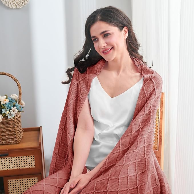 inhand Coral Pink Knitted Throw Blanket for Couch and Bed, 60"x80" | Gifts for Mom from Daughter Son, Soft Lightweight with Tassel, Farmhouse Warm Decorative Blanket for Women, Cozy Knit