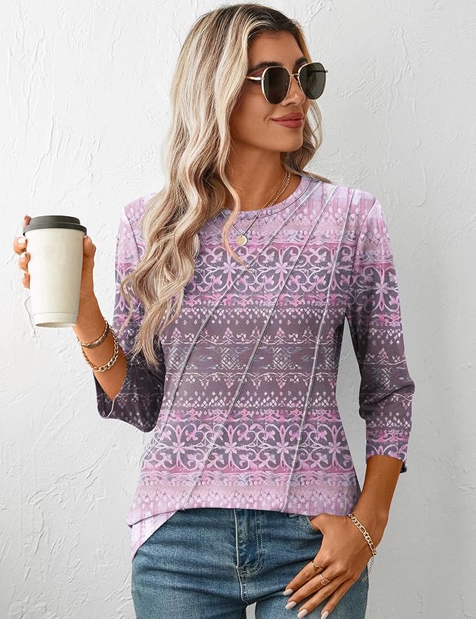 LOMON 3/4 Length Sleeve Womens Tops Spring Summer Fashion 2026 Tops Crew Neck Pleated Shirts Tunic Top Loose Fit
